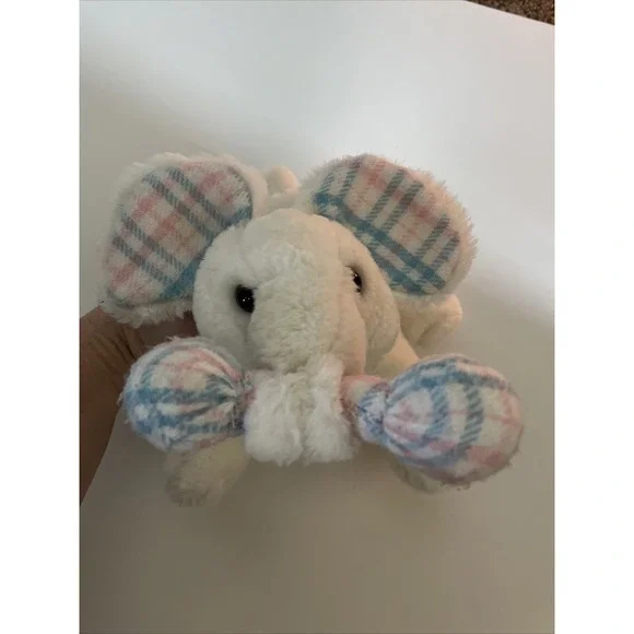 HTF Russ Baby Elephant Rattle Paddles 10" Lovey Pastel Plaid Ears Rattle - Picture 2 of 7